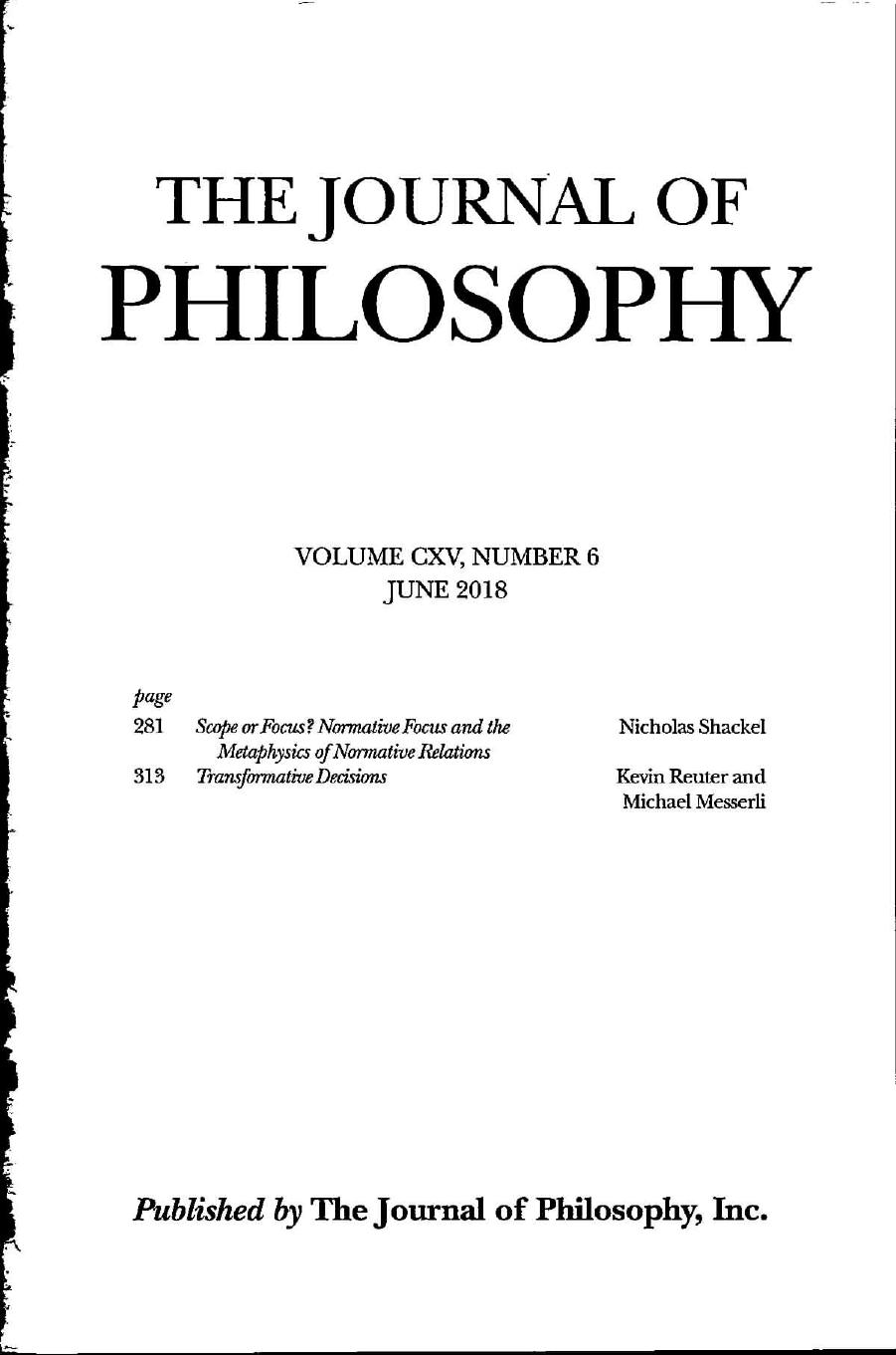 The Journal of Philosophy by The Journal of Philosophy Inc