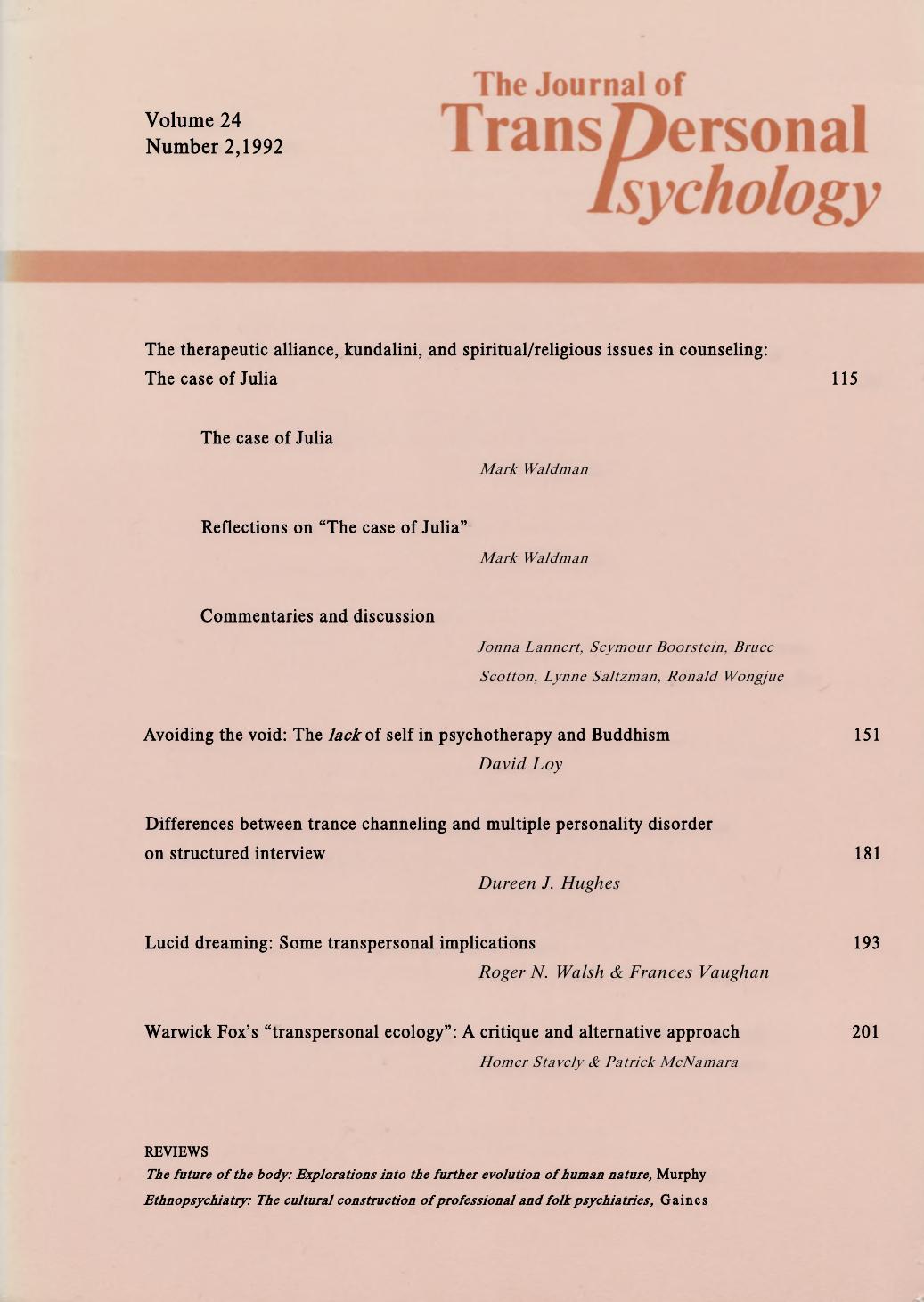 The Journal of Transpersonal Psychology by Vol. 24.2 (1992)