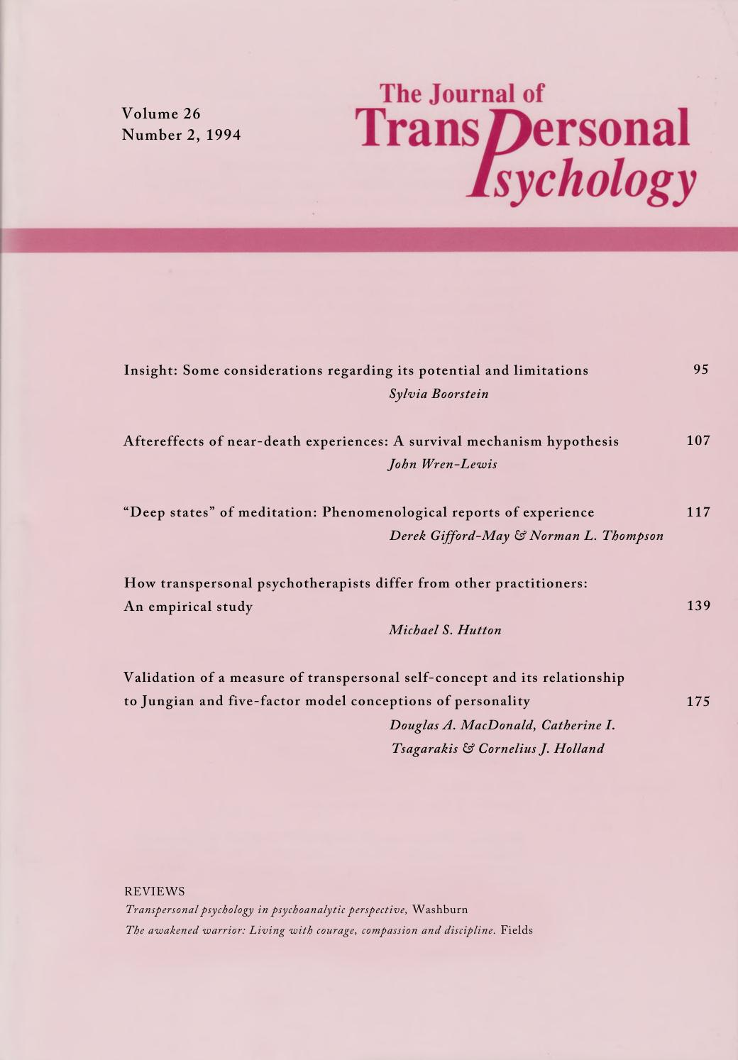 The Journal of Transpersonal Psychology by Vol. 26.2 (1994)