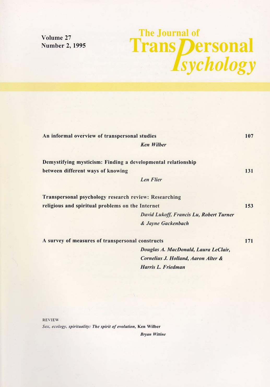 The Journal of Transpersonal Psychology by Vol. 27.2 (1995)