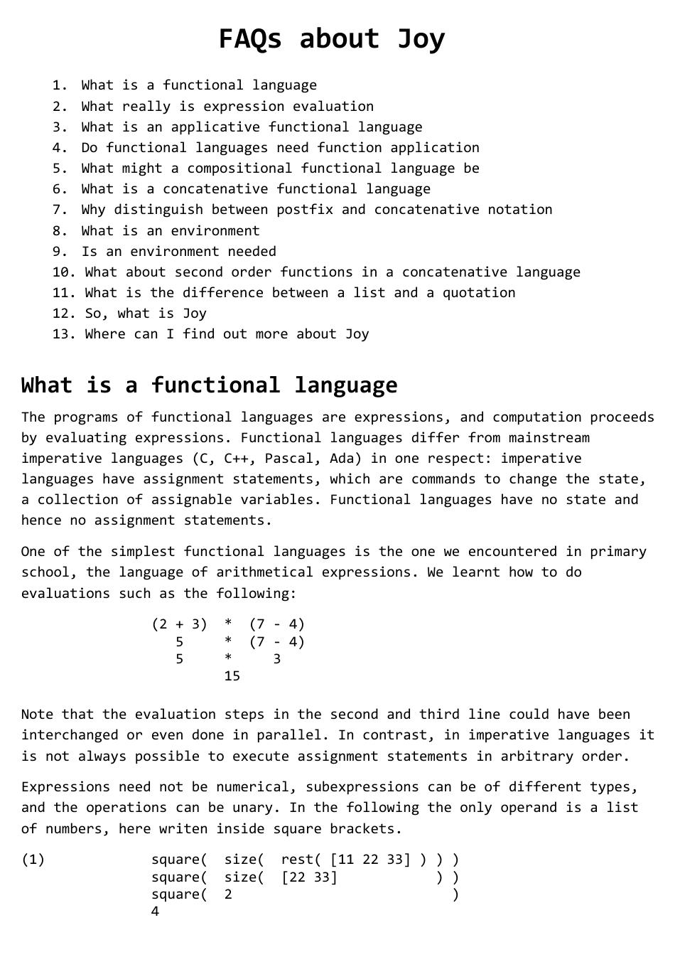 The Joy Programming Language Collection by Manfred von Thun