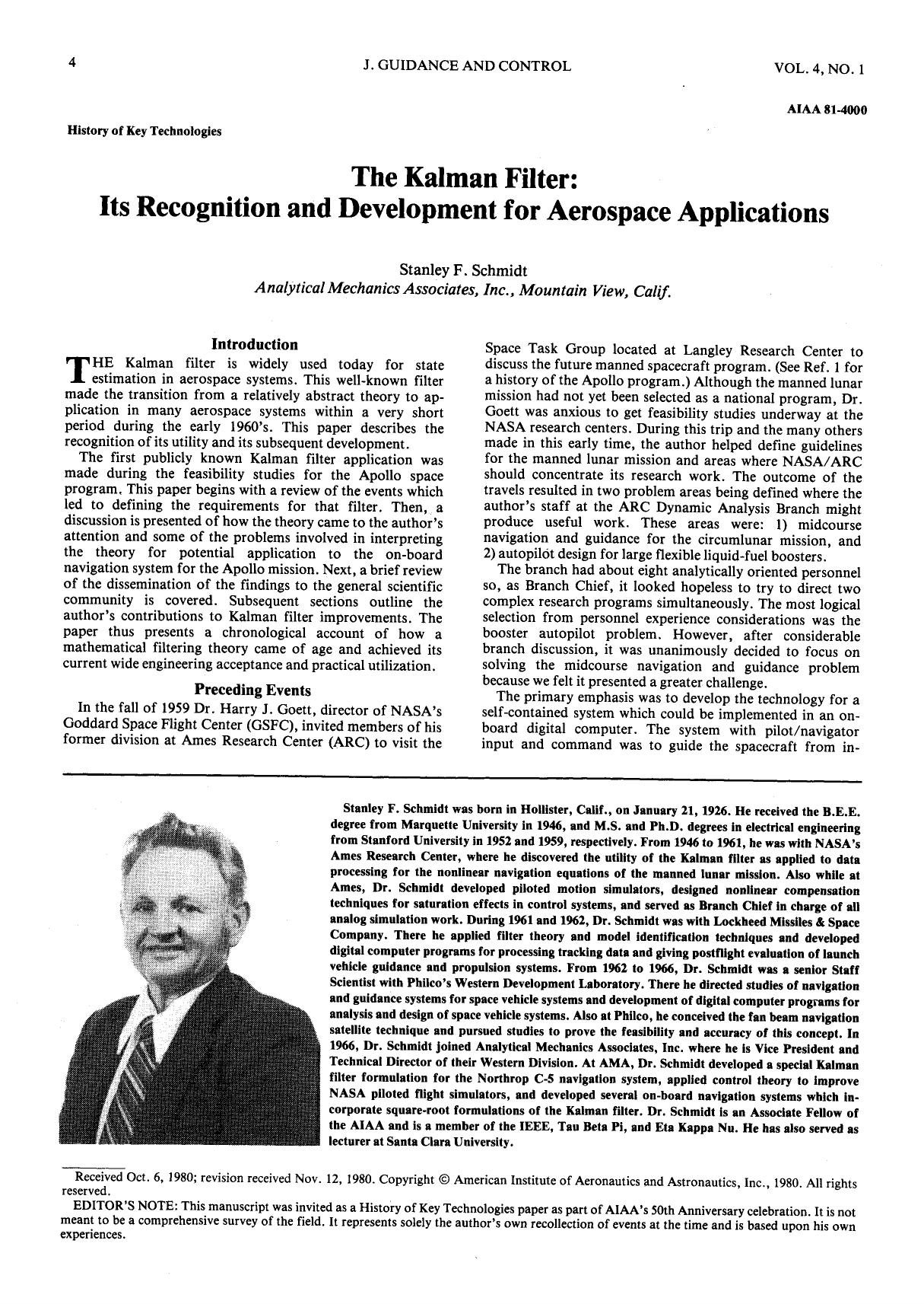 The Kalman filter by Its recognition & development for aerospace applications