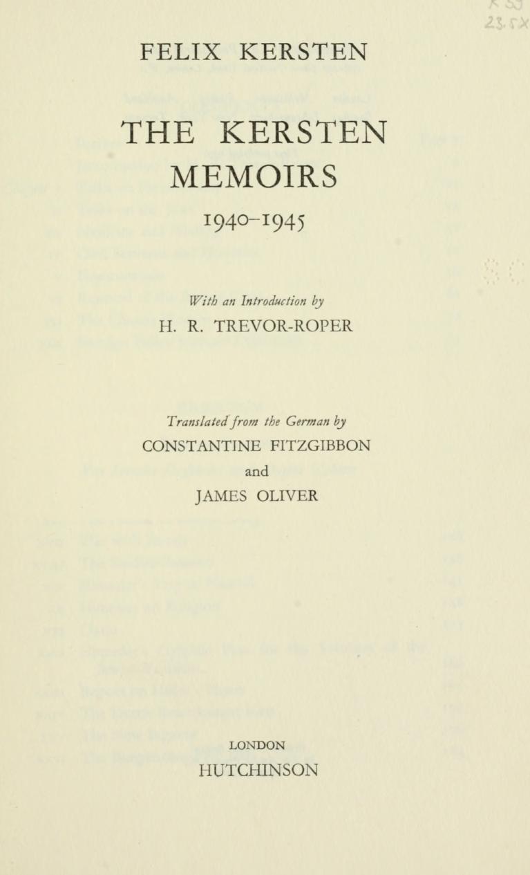 The Kersten memoirs, 1940-1945 by Kersten Felix 1898-1960