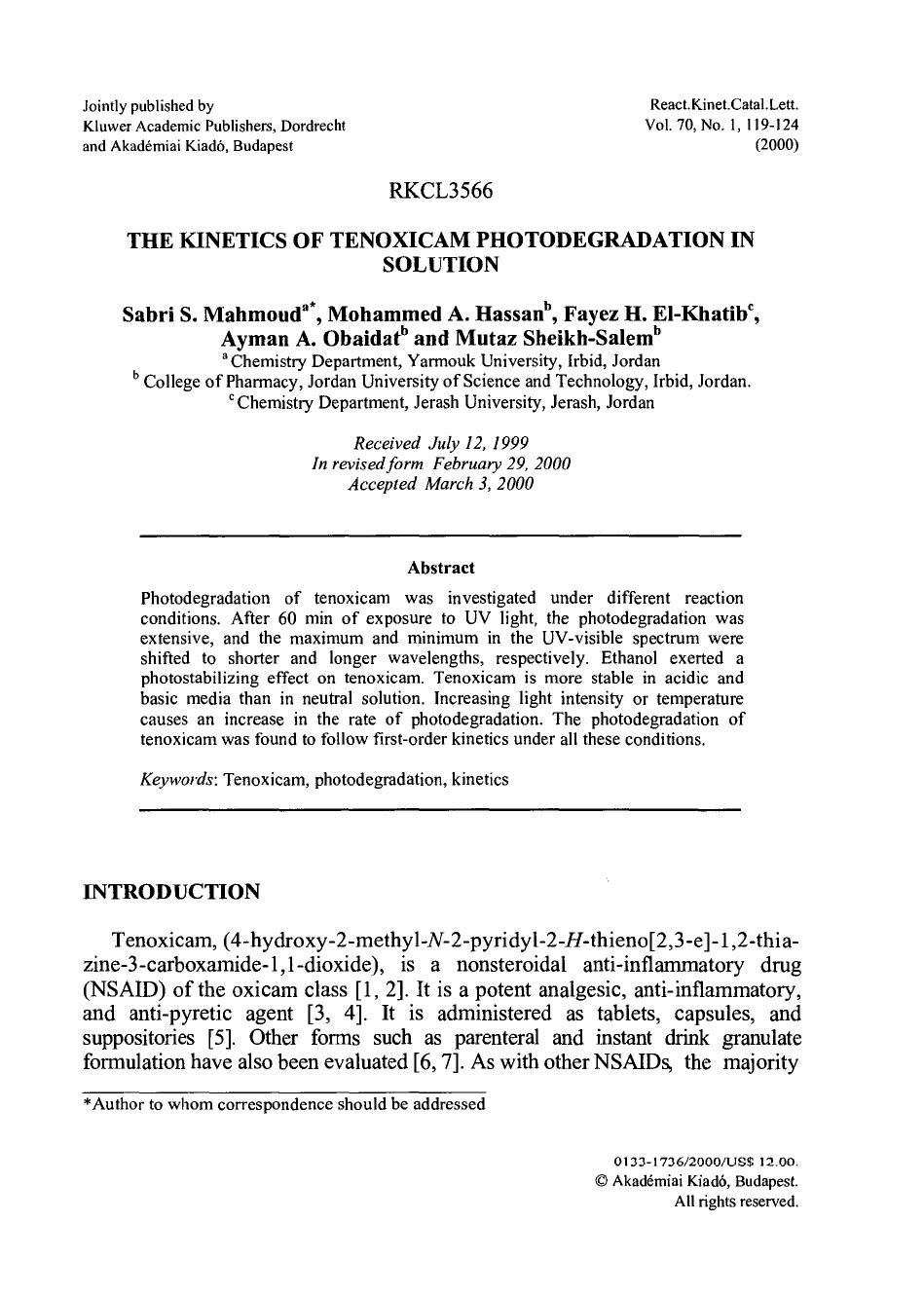 The Kinetics of Tenoxicam Photodegradation in Solution by Unknown