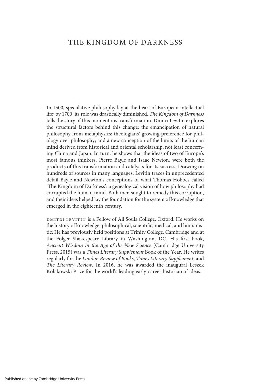 The Kingdom of Darkness: Bayle, Newton, and the Emancipation of the European Mind from Philosophy by Dmitri Levitin