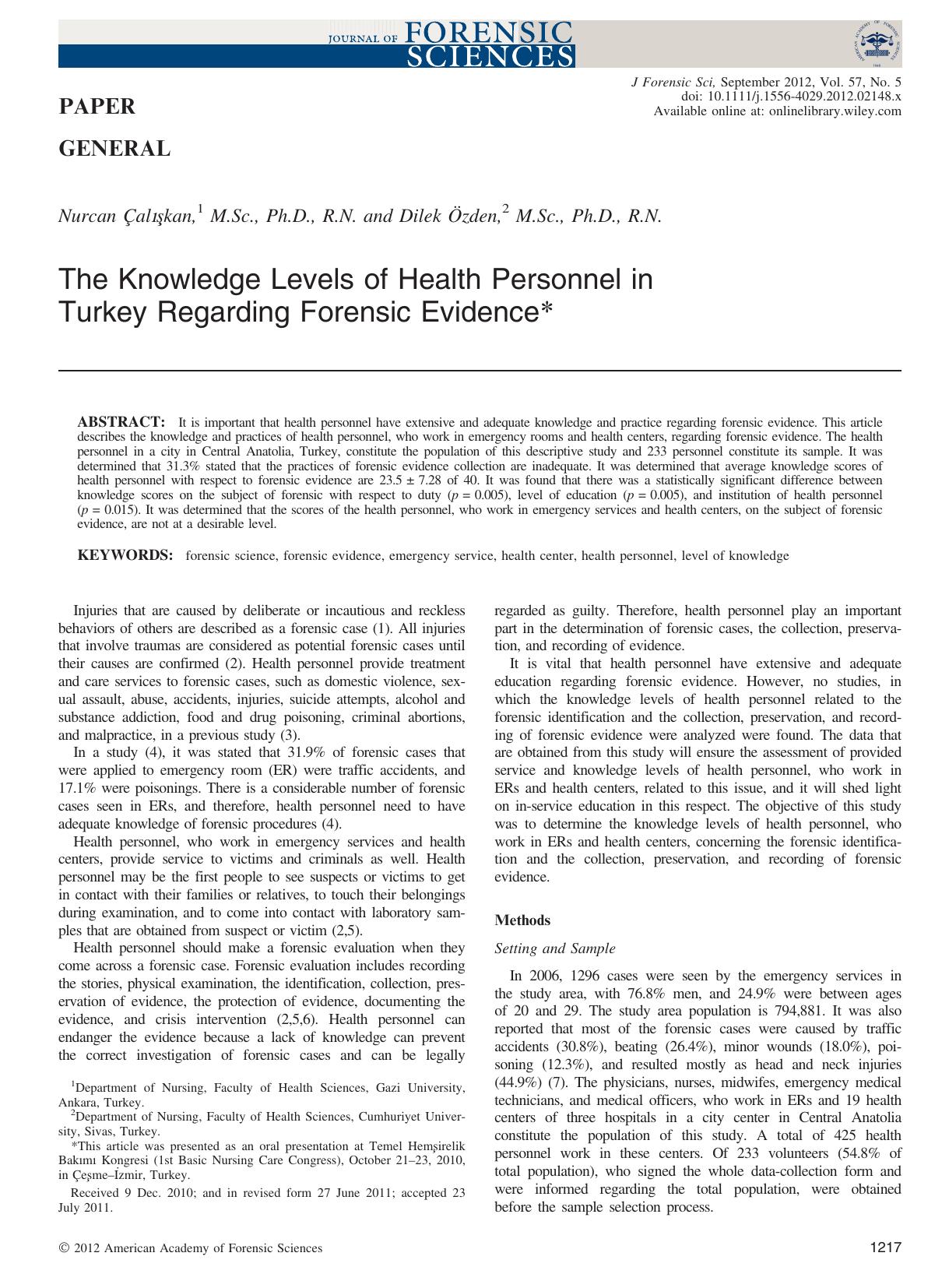 The Knowledge Levels of Health Personnel in Turkey Regarding Forensic Evidence* by Unknown