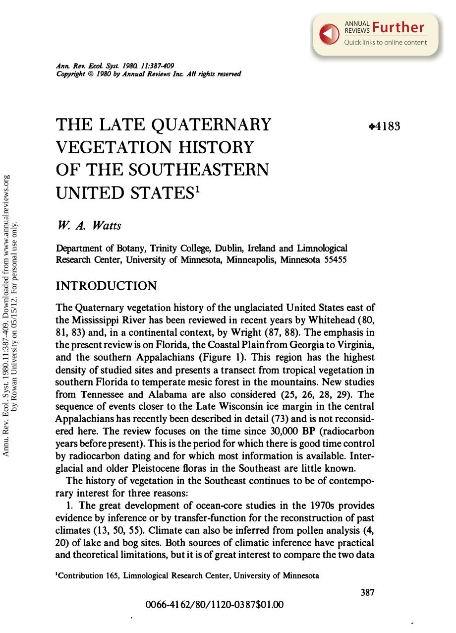 The Late Quaternary Vegetation History of the Southeastern United States by W A Watts