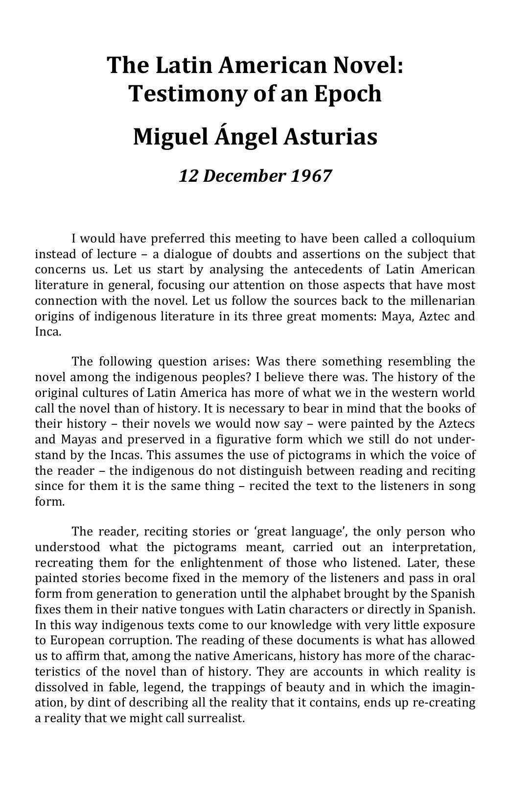 The Latin American Novel: Testimony of an Epoch by Miguel Ángel Asturias