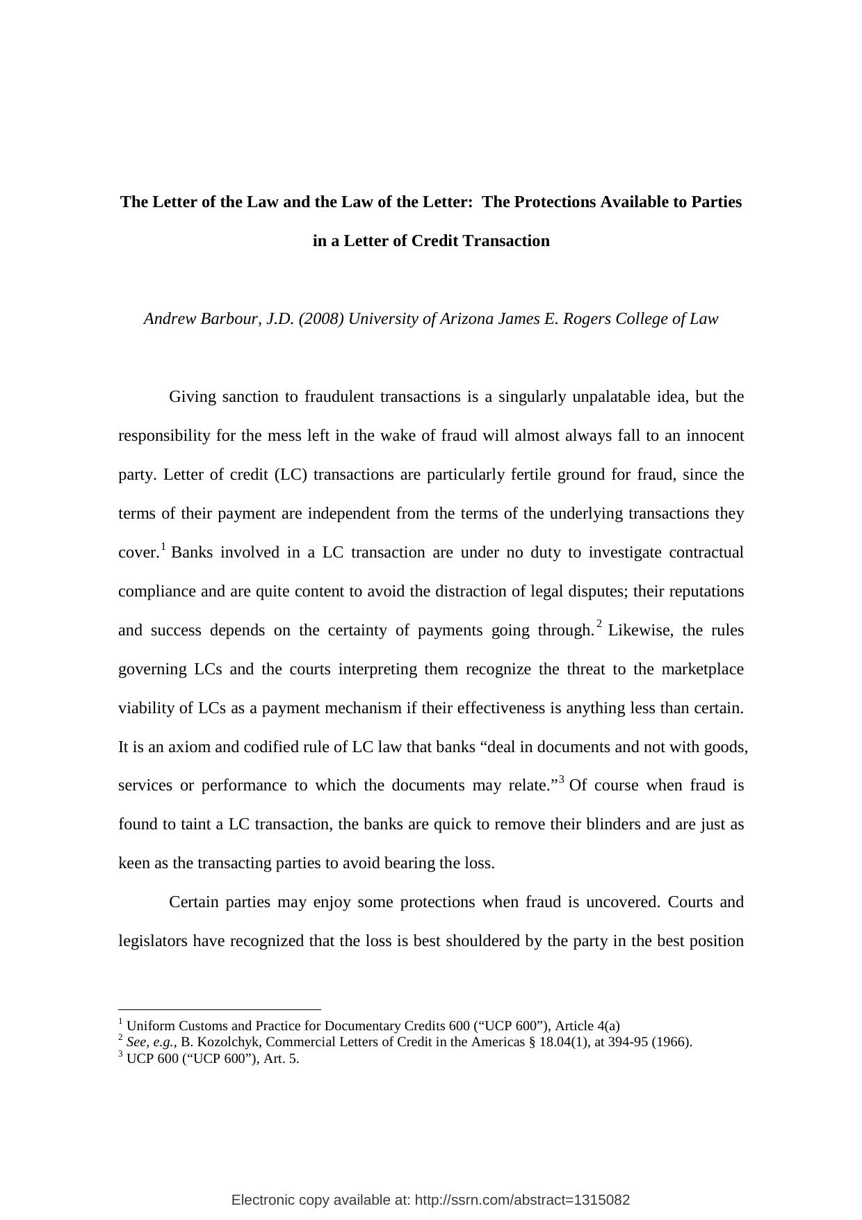 The Letter of the Law and the Law of the Letter: The Protections Available to Parties in a Letter of Credit Transaction by Andrew Barbour J.D