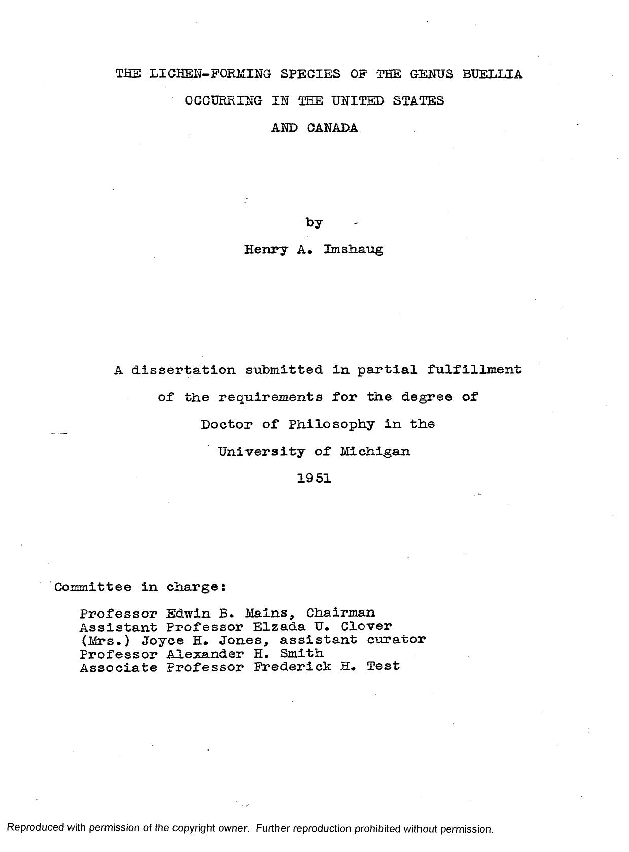 The Lichen-Forming Species of the Genus Buellia Occurring in the United States and Canada by Imshaug Henry Andrew