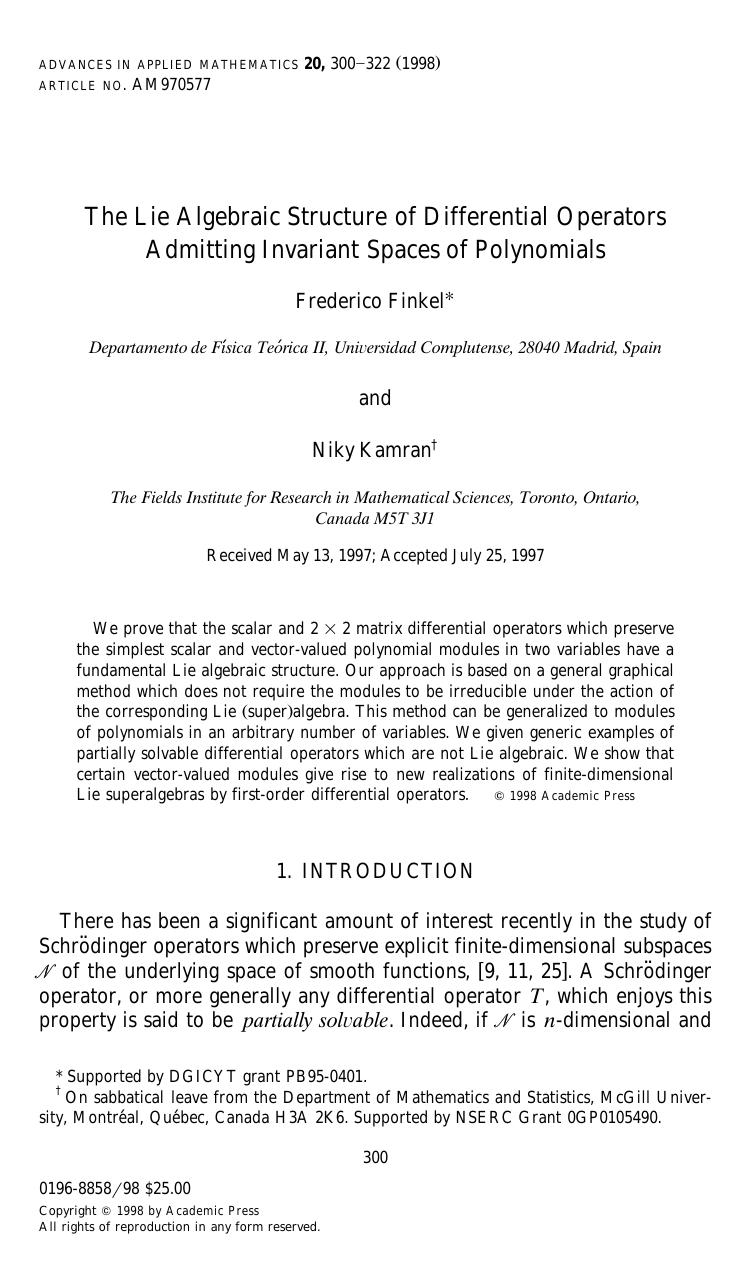 The Lie Algebraic Structure of Differential Operators Admitting Invarfiant Spaces of Polynomials by Finkel F. et al
