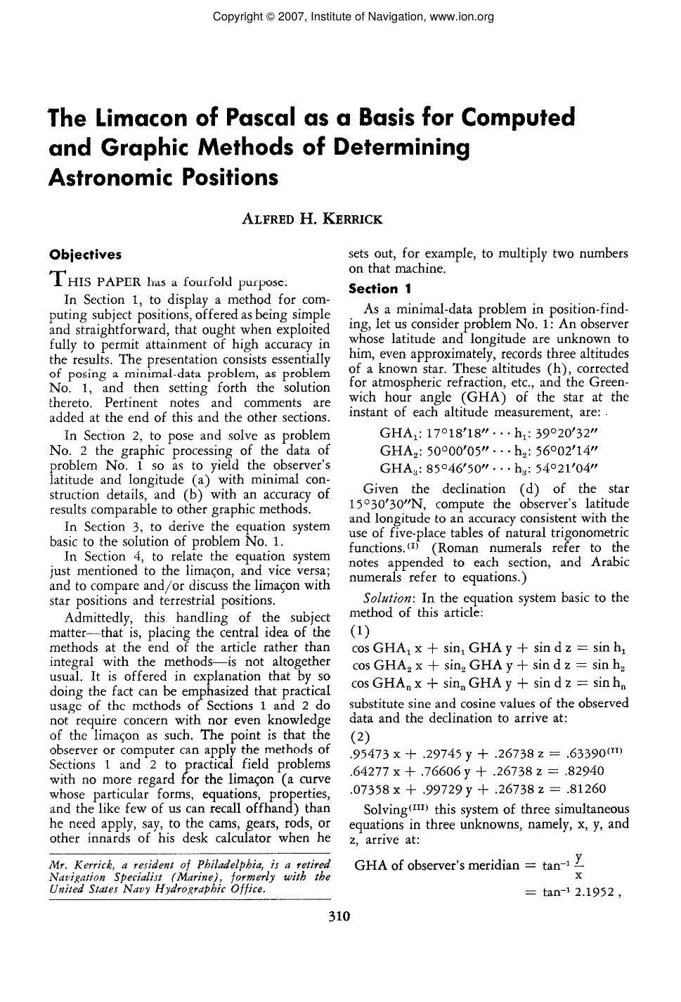 The Limacon of Pascal as a Basis for Computed and Graphic Methods of Determining Astronomic Positions by ALFRED H. KERRICK