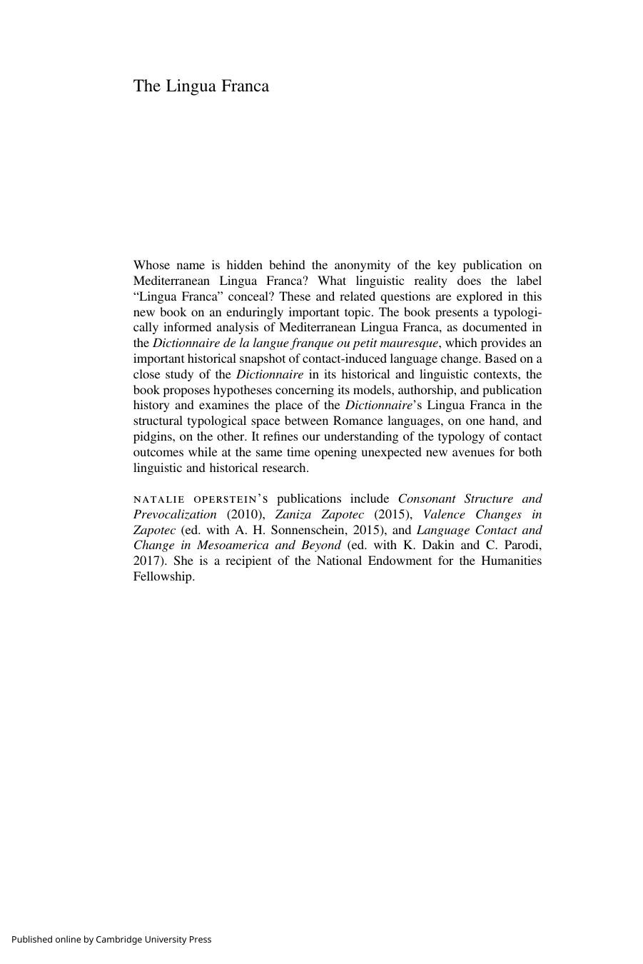 The Lingua Franca: Contact-Induced Language Change in the Mediterranean by Natalie Operstein
