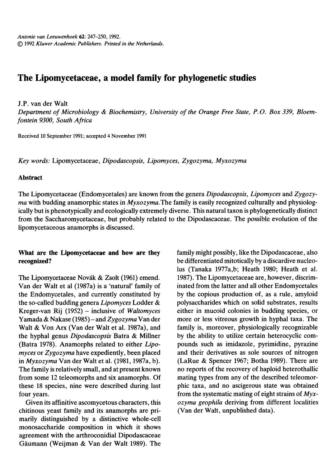 The Lipomycetaceae, a model family for phylogenetic studies by Unknown