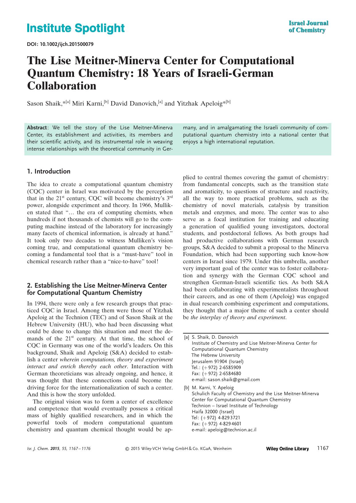 The Lise MeitnerMinerva Center for Computational Quantum Chemistry: 18 Years of IsraeliGerman Collaboration by Unknown