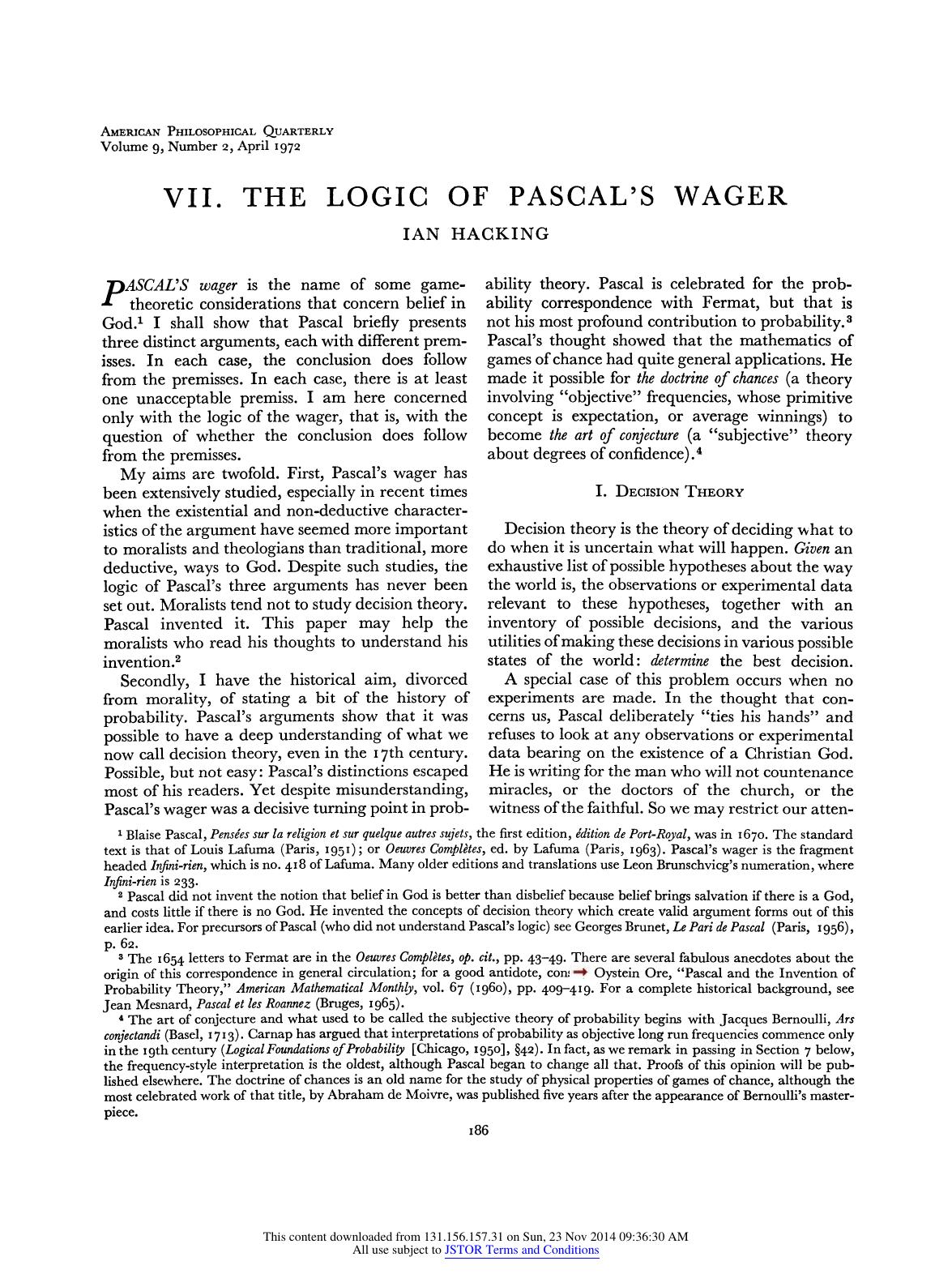 The Logic of Pascal's Wager by The Logic of Pascal's Wager (1972)