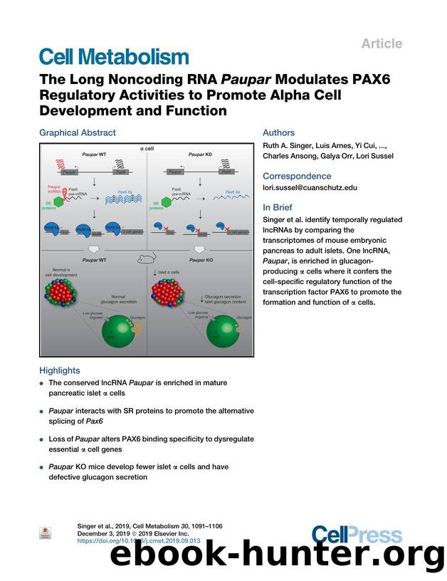 The Long Noncoding RNA Paupar Modulates PAX6 Regulatory Activities to Promote Alpha Cell Development and Function by unknow