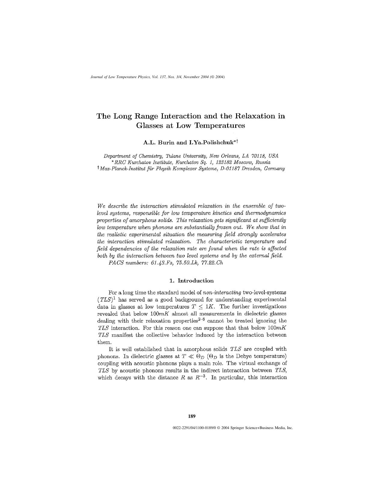 The Long Range Interaction and the Relaxation in Glasses at Low Temperatures by Unknown