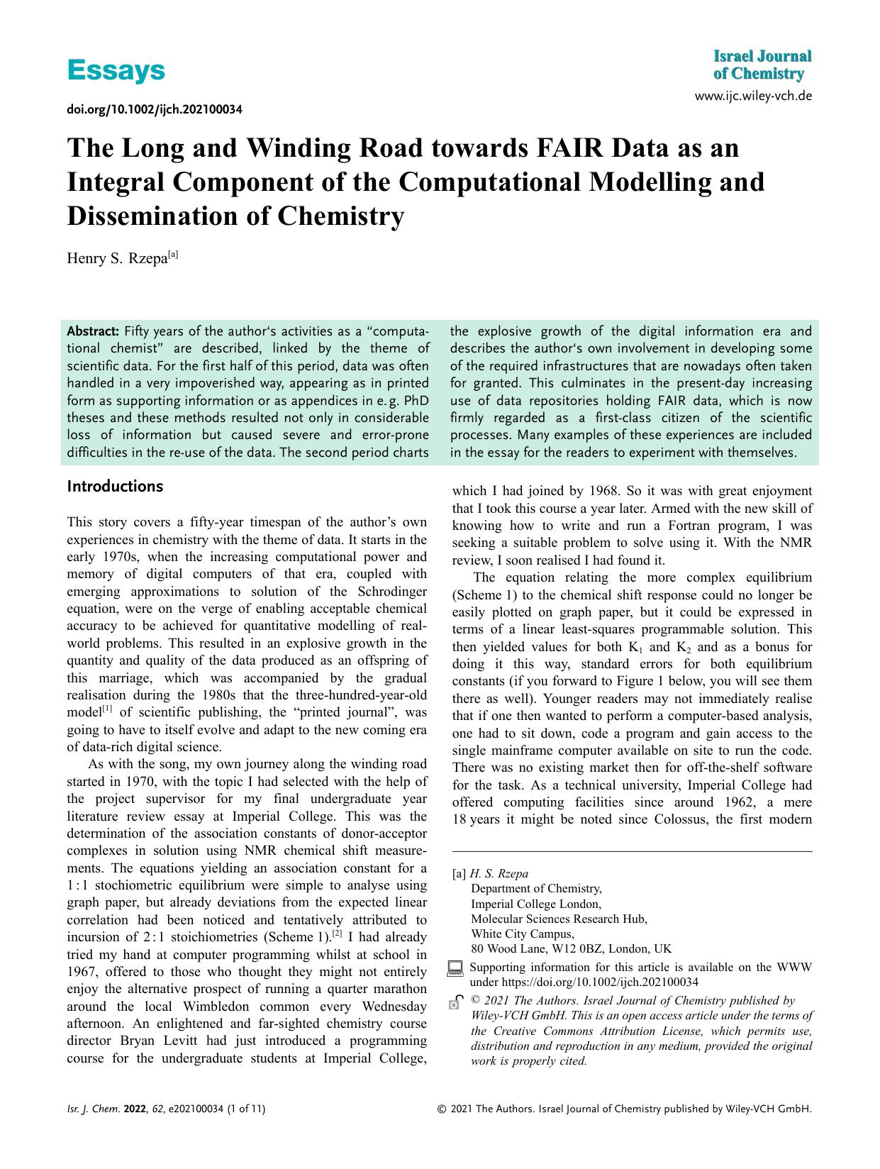 The Long and Winding Road towards FAIR Data as an Integral Component of the Computational Modelling and Dissemination of Chemistry by Unknown