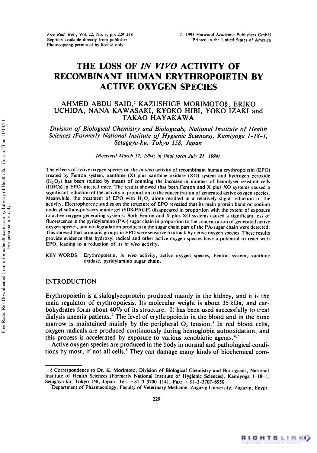 The Loss of In Vivo Activity of Recombinant Human Erythropoietin by Active Oxygen Species by unknow