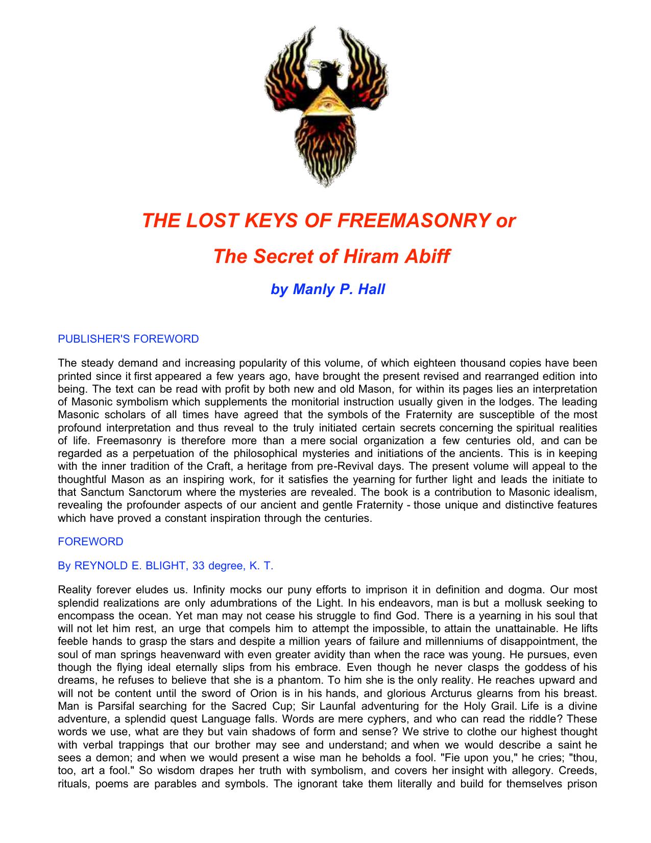 The Lost Keys of Freemasonry or The Secret of Hiram Abiff by Manly P. Hall by Mark