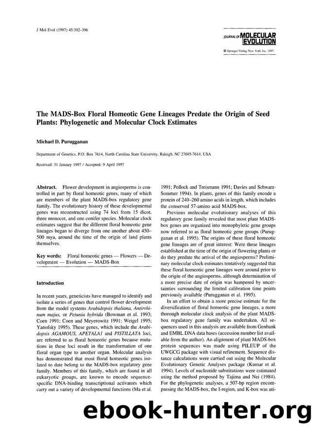 The MADS-box floral homeotic gene lineages predate the origin of seed plants: Phylogenetic and molecular clock estimates by Unknown