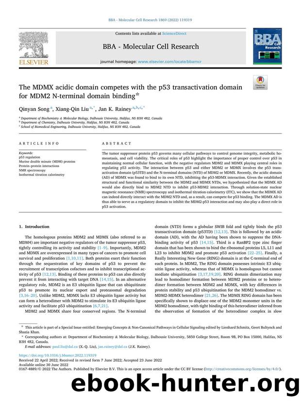 The MDMX acidic domain competes with the p53 transactivation domain for MDM2 N-terminal domain binding by Qinyan Song & Xiang-Qin Liu & Jan K. Rainey