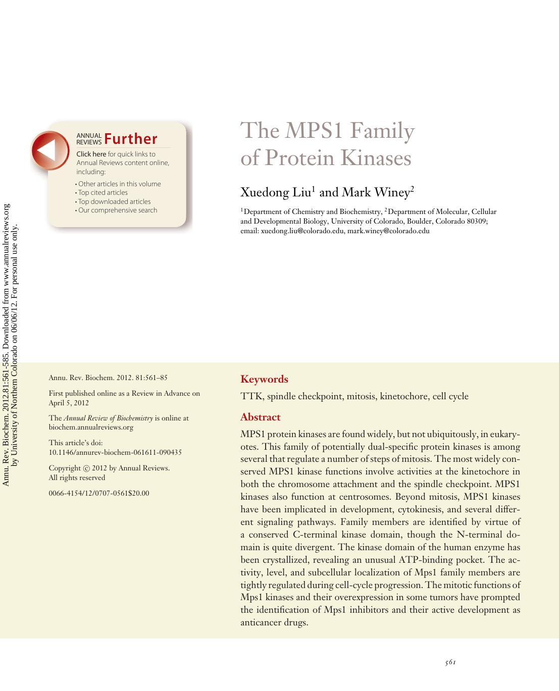 The MPS1 Family of Protein Kinases by Xuedong Liu & Mark Winey