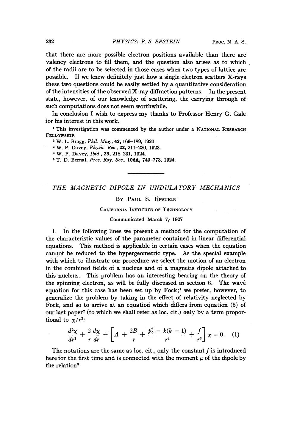 The Magnetic Dipole in Undulatory Mechanics by Epstein P. S