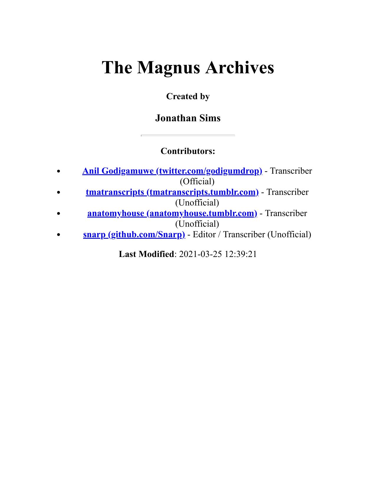 The Magnus Archives by Jonathan Sims