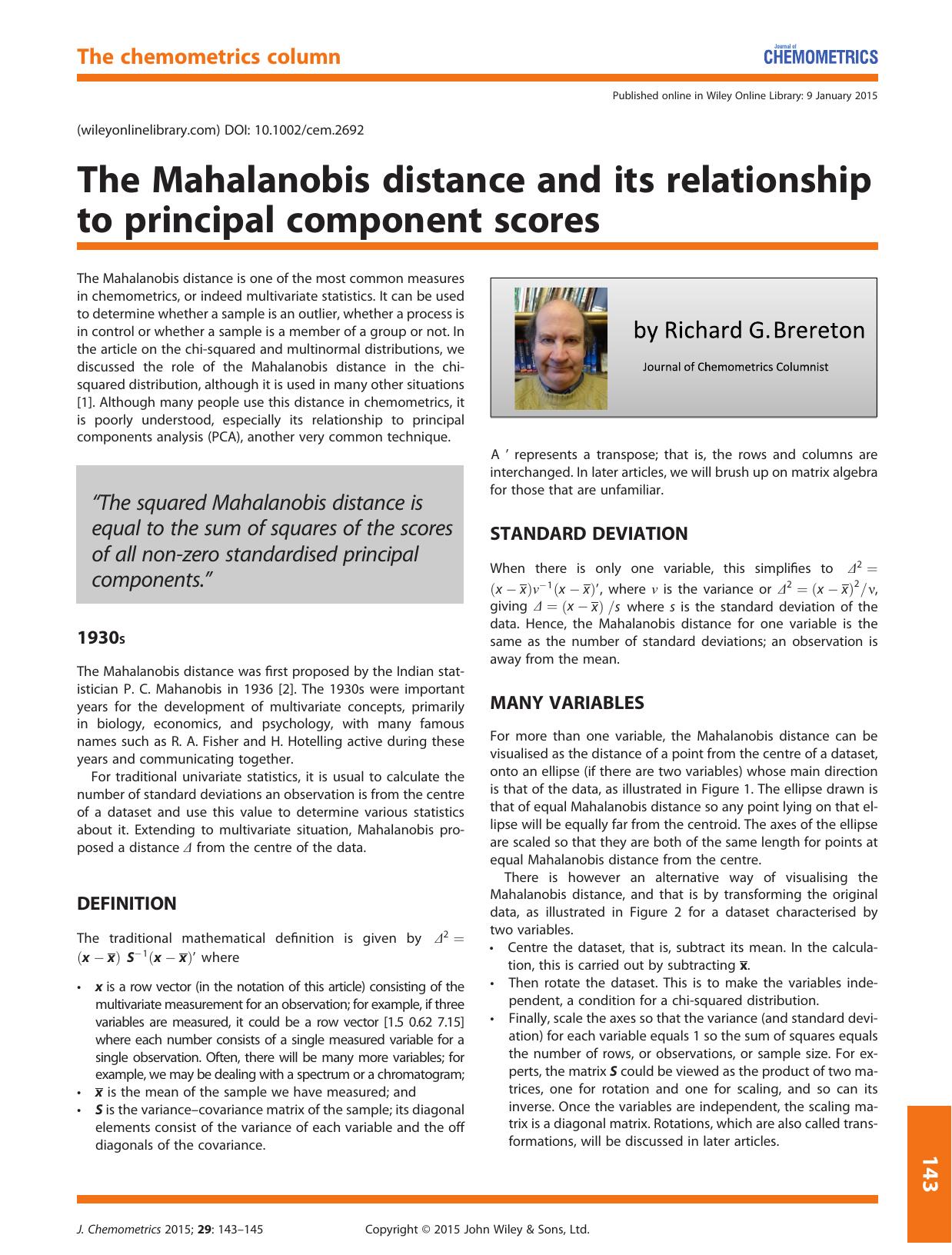 The Mahalanobis distance and its relationship to principal component scores by Richard G. Brereton