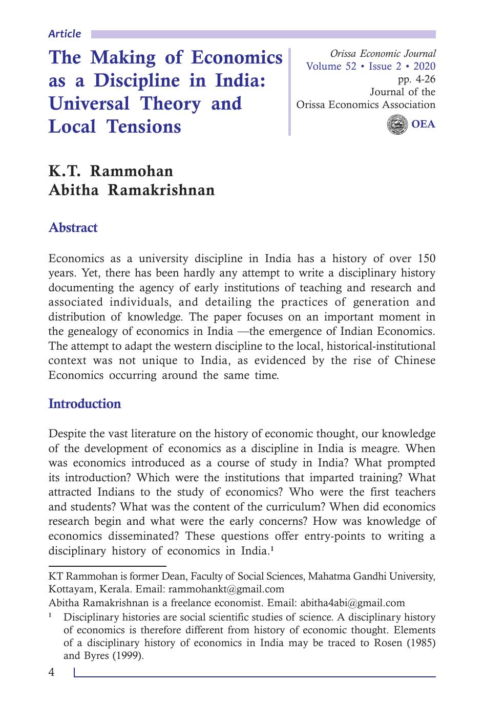 The Making of Economics as a Discipline in India: Universal Theory and Local Tensions by KT Rammohan and Abitha Ramakrishnan