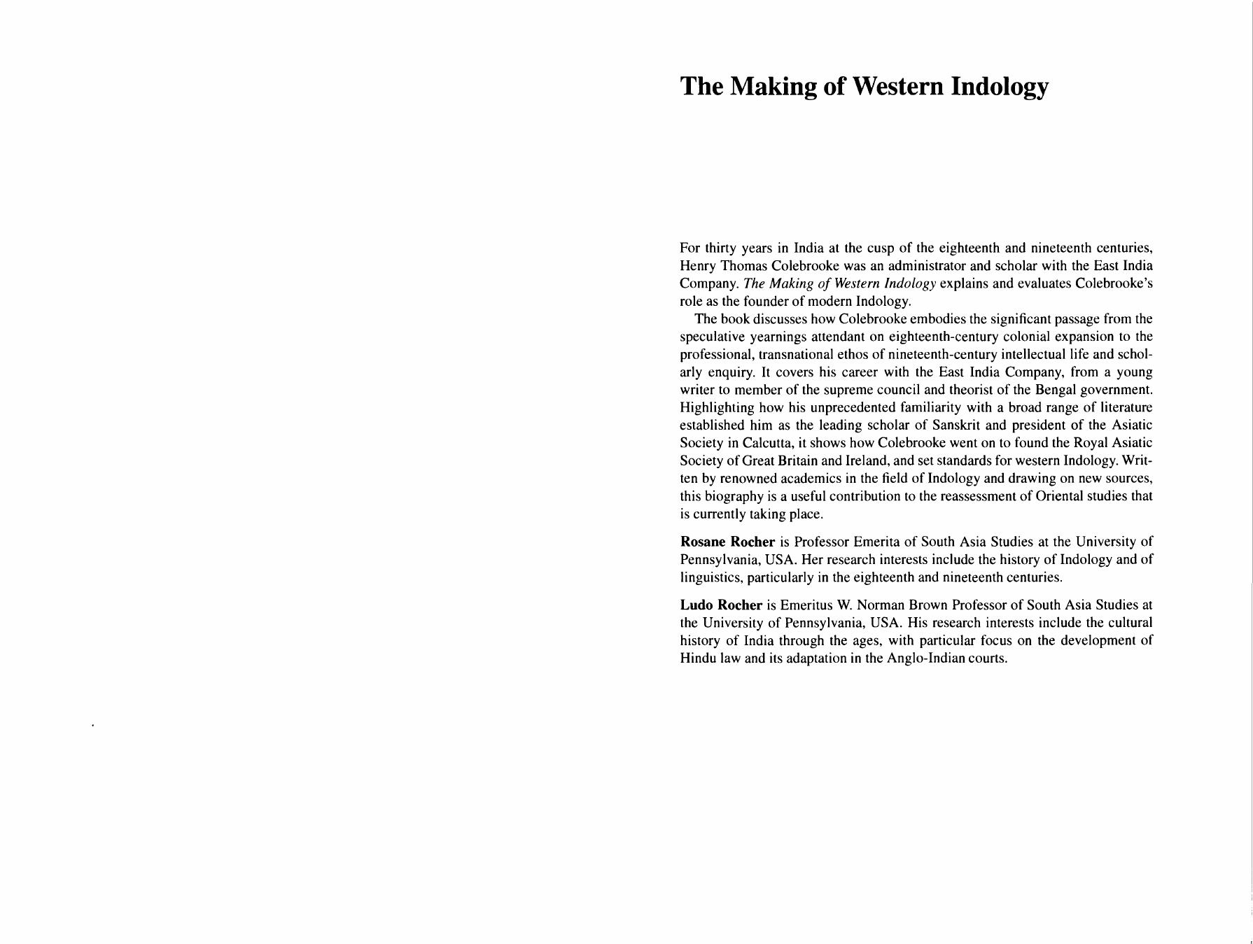 The Making of Western Indology: Henry Thomas Colebrooke and the East India Company by Rosane Rocher and Ludo Rocher