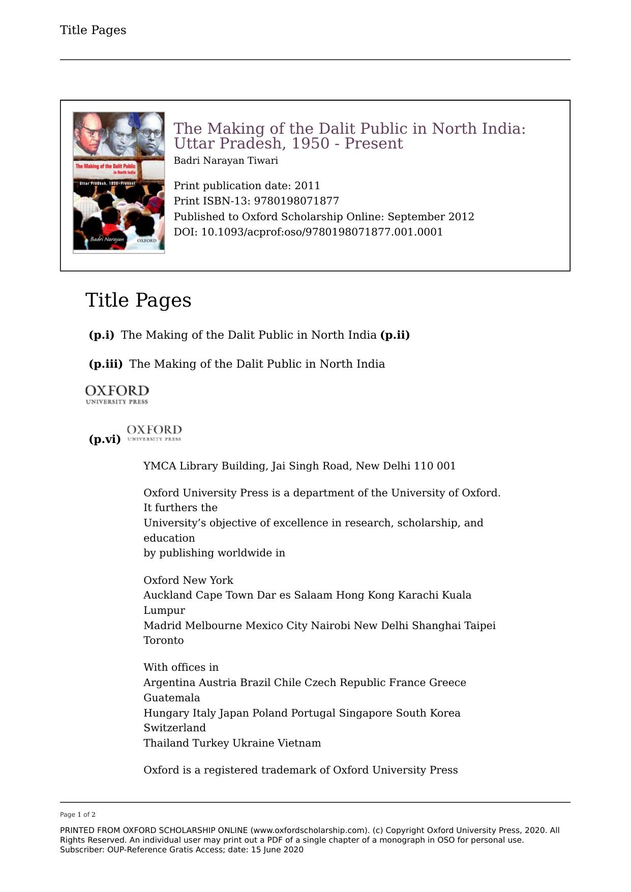 The Making of the Dalit Public in North India: Uttar Pradesh, 1950-Present by Badri Narayan Tiwari