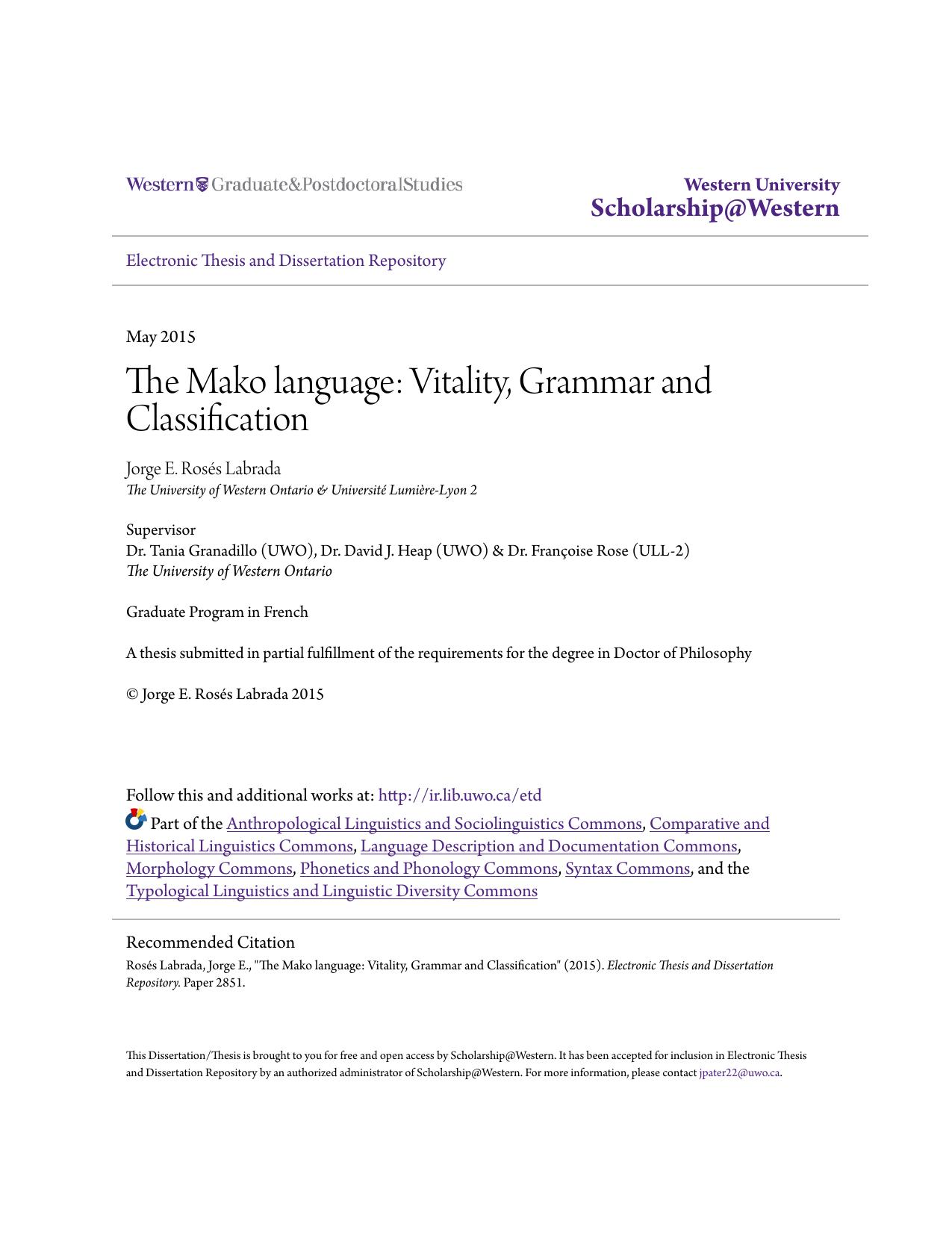 The Mako Language: Vitality,Grammar and Classification by Jorge E. Rosés Labrada