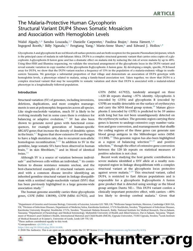 The Malaria-Protective Human Glycophorin Structural Variant DUP4 Shows Somatic Mosaicism and Association with Hemoglobin Levels by unknow