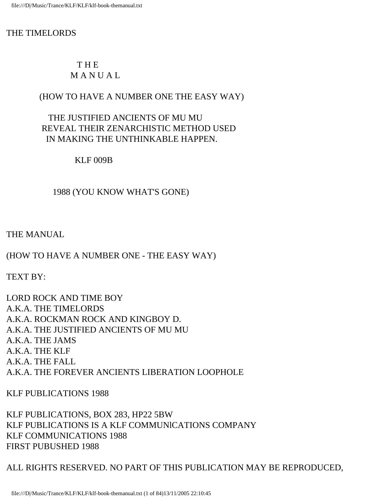 The Manual: How to Have a Number One the Easy Way by The Timelords