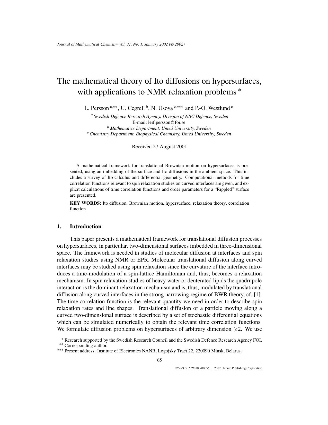 The Mathematical Theory of Ito Diffusions on Hypersurfaces, with Applications to NMR Relaxation Problems by Unknown
