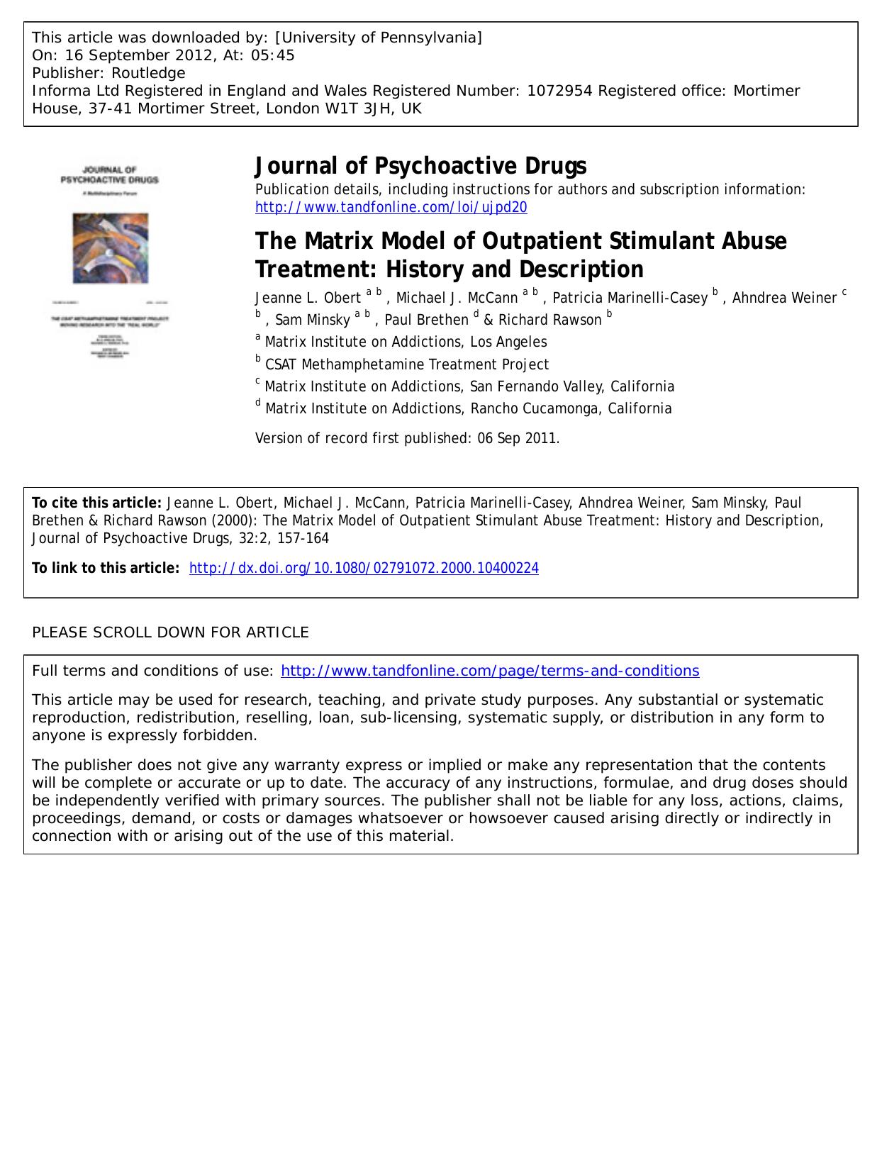 The Matrix Model of Outpatient Stimulant Abuse Treatment: History and Description by unknow