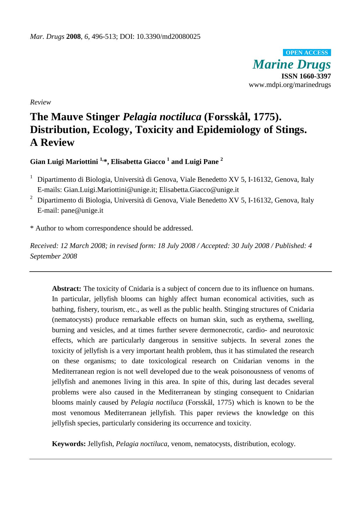 The Mauve Stinger Pelagia noctiluca \(Forsskål, 1775\). Distribution, Ecology, Toxicity and Epidemiology of Stings. A Review. by Gian Luigi Mariottini Elisabetta Giacco Luigi Pane 2