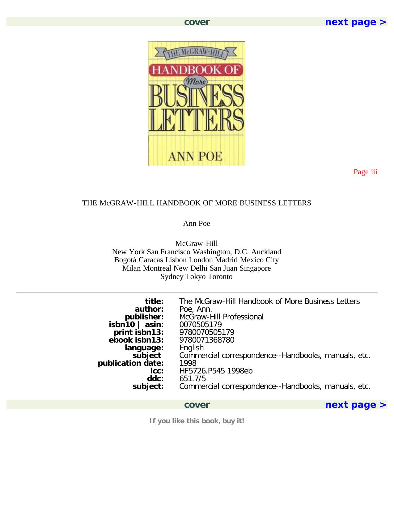 The McGraw-Hill Handbook of More Business Letters by Ann Poe