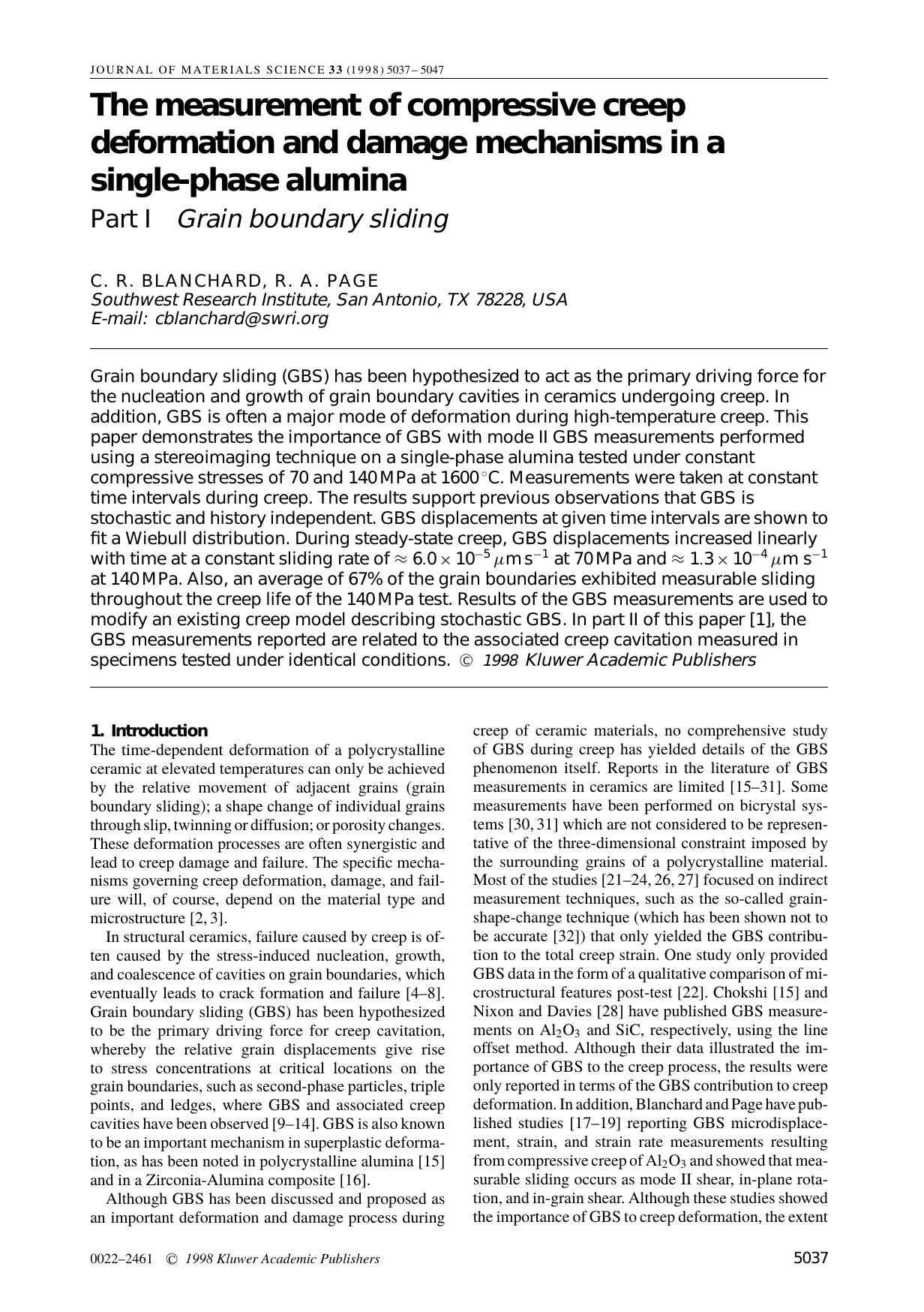 The Measurement of Compressive Creep Deformation and Damage Mechanisms in a Single-Phase Alumina Part I Grain boundary sliding by Unknown