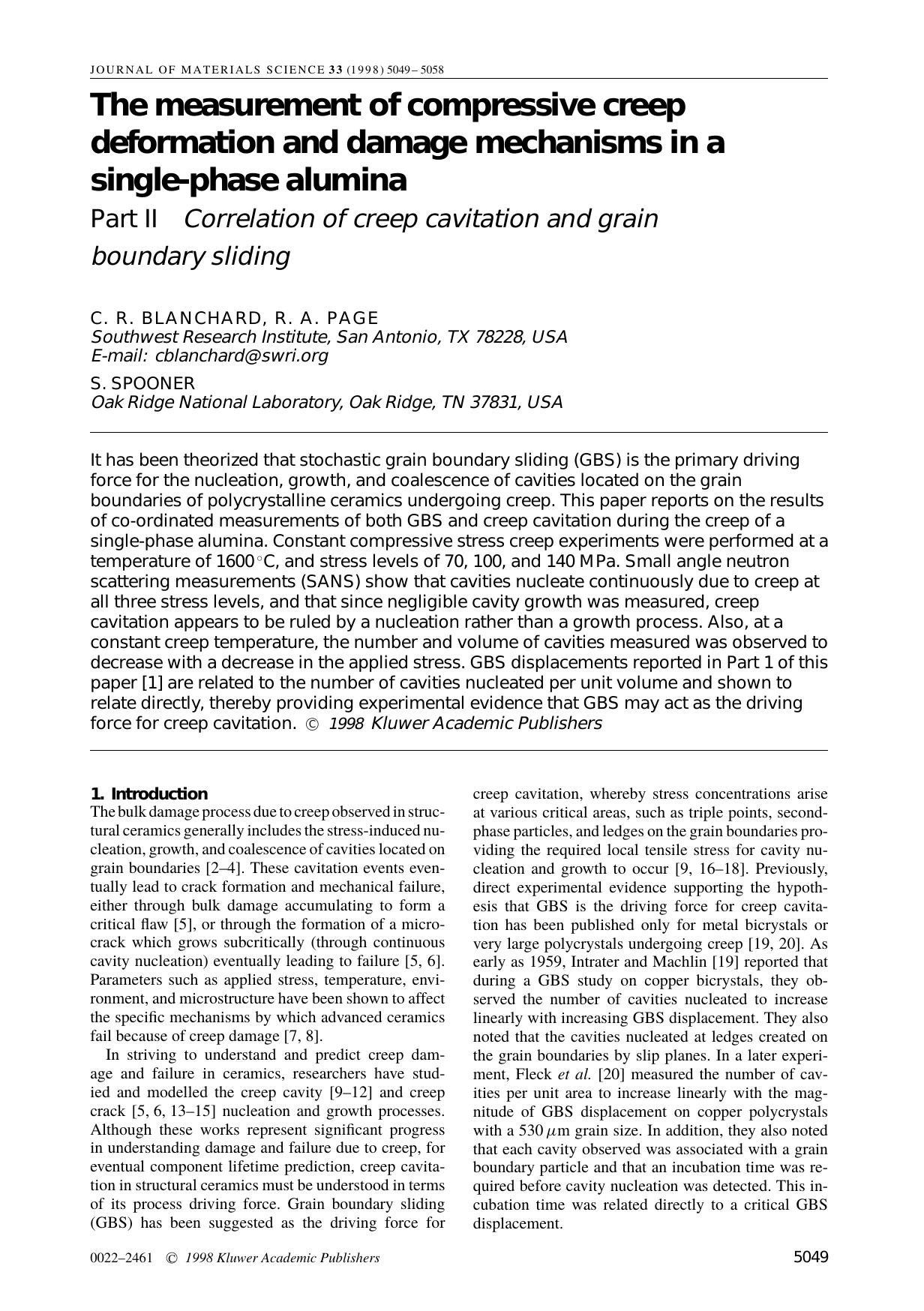 The Measurement of Compressive Creep Deformation and Damage Mechanisms in a Single-Phase Alumina Part II Correlation of creep cavitation and grain boundary sliding by Unknown