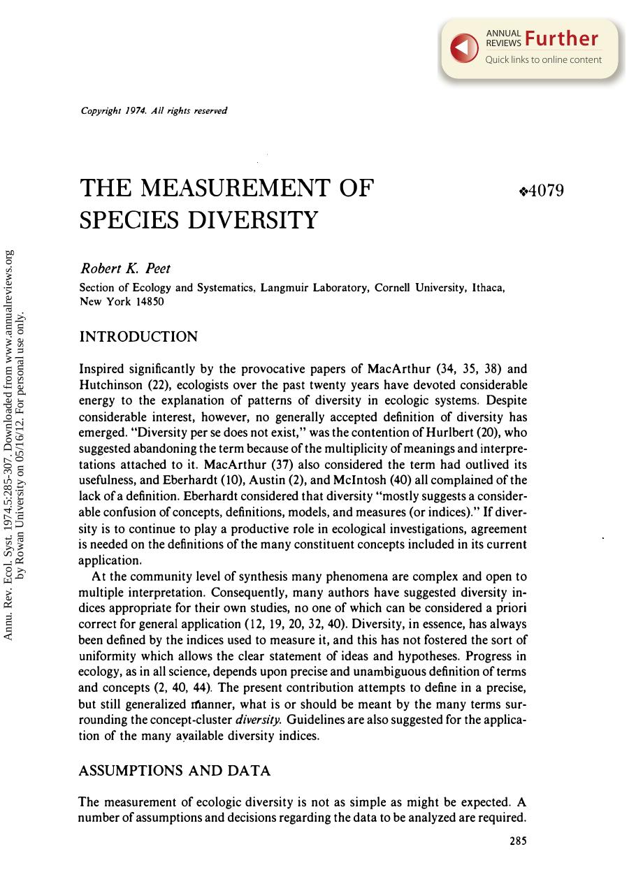 The Measurement of Species Diversity by R K Peet