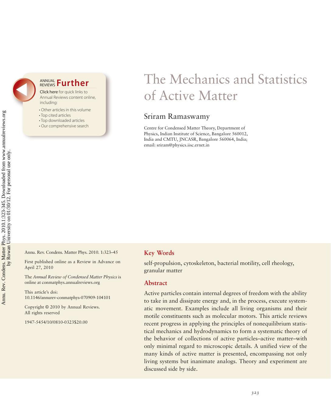 The Mechanics and Statistics of Active Matter by Sriram Ramaswamy