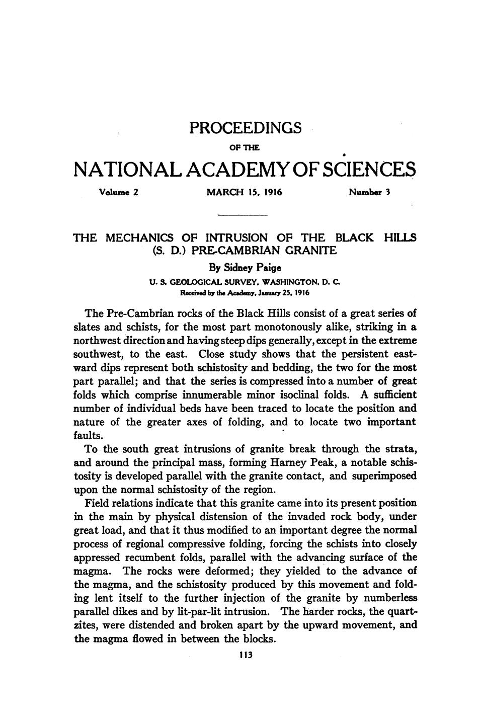 The Mechanics of Intrusion of the Black Hills (S. D.) Precambrian Granite by Paige S