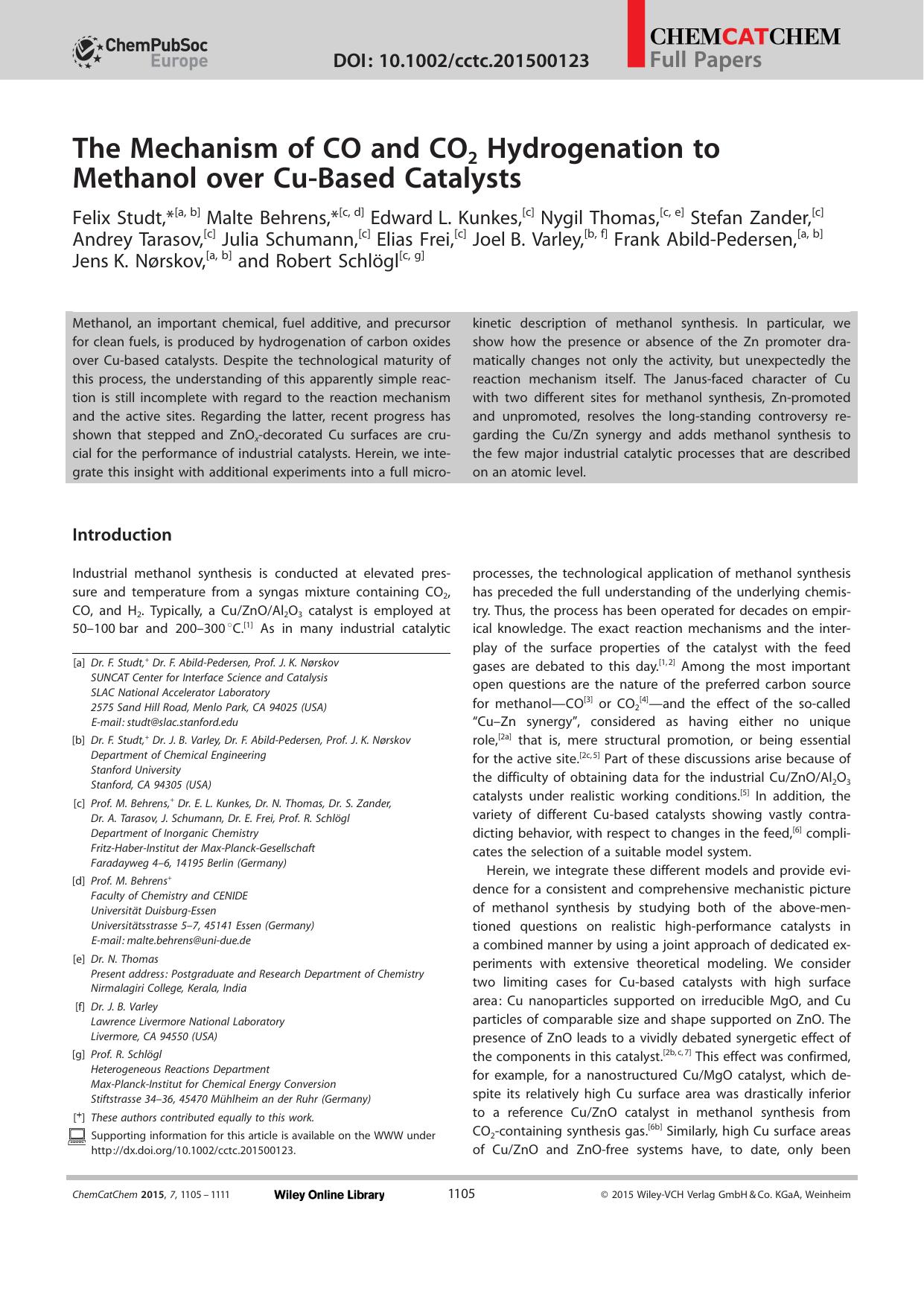 The Mechanism of CO and CO2 Hydrogenation to Methanol over CuBased Catalysts by Unknown