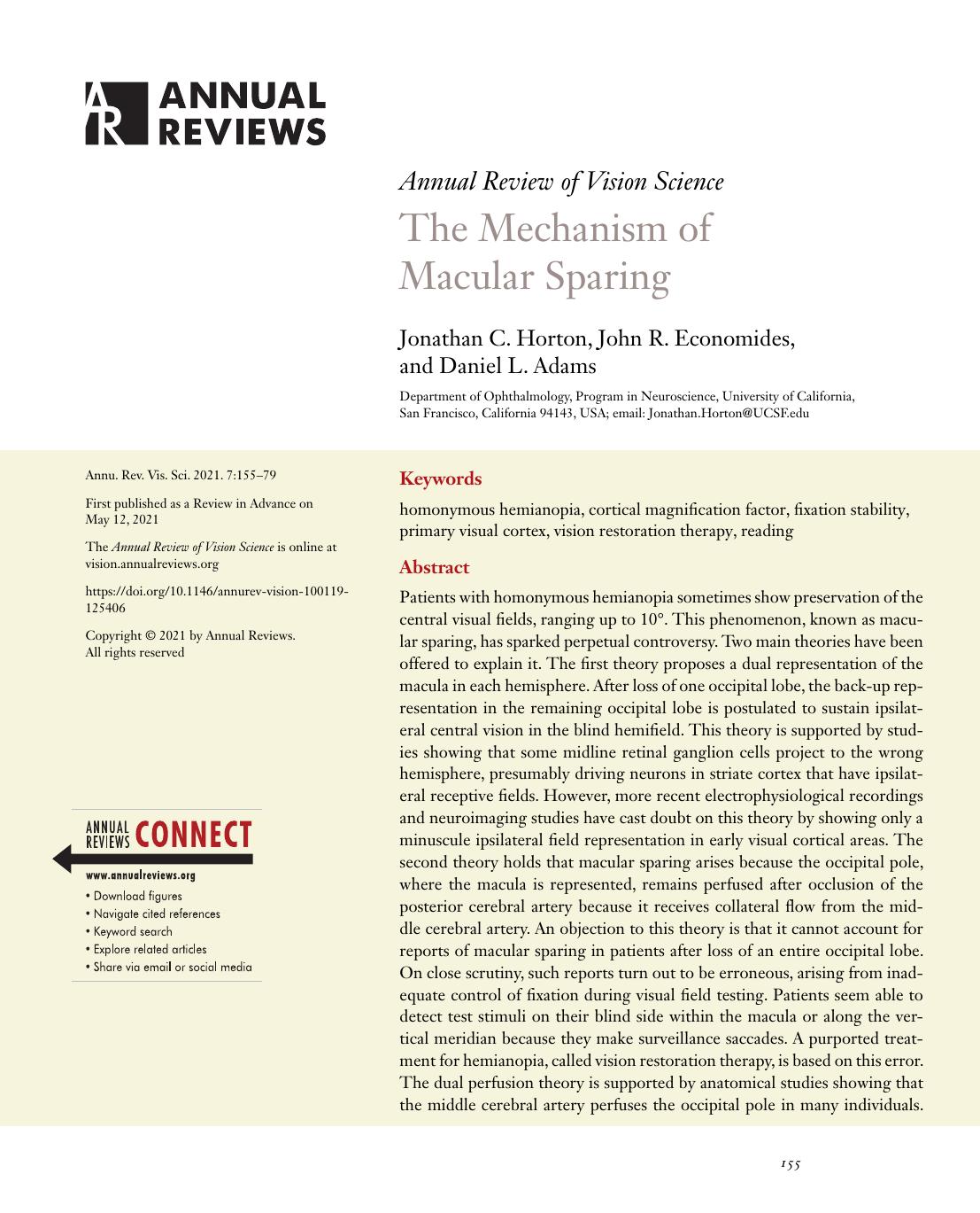 The Mechanism of Macular Sparing by Jonathan C. Horton John R. Economides and Daniel L. Adams