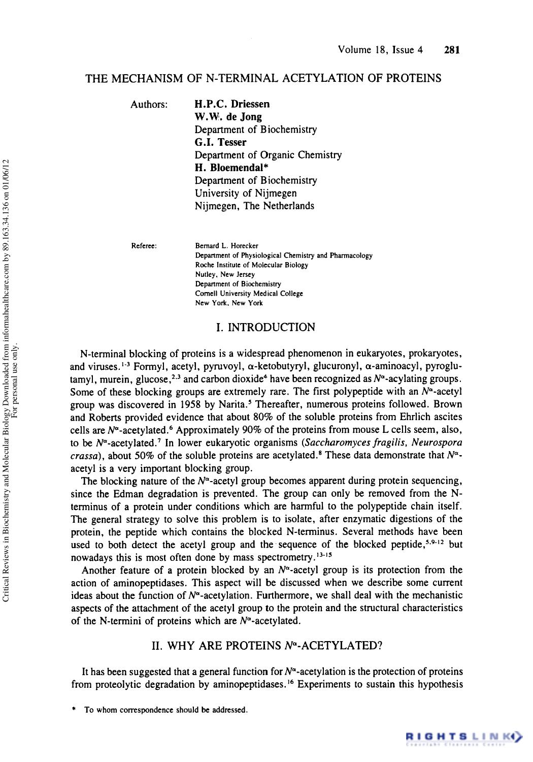 The Mechanism of N-Terminal Acetylation of Protein by H. P. C. Driessen W. W. De Jong G. I. Tesser & H. Bloemendal