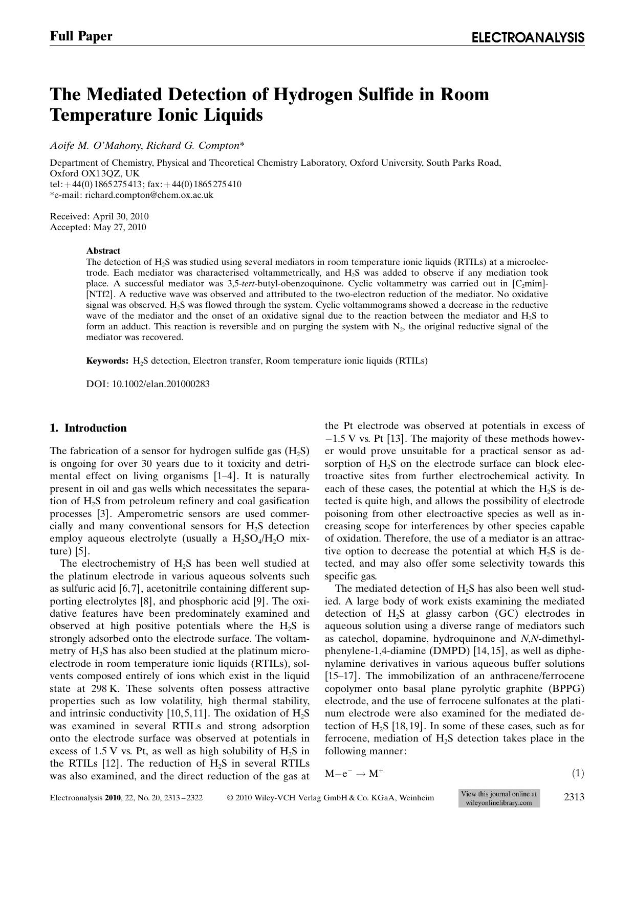 The Mediated Detection of Hydrogen Sulfide in Room Temperature Ionic Liquids by Unknown